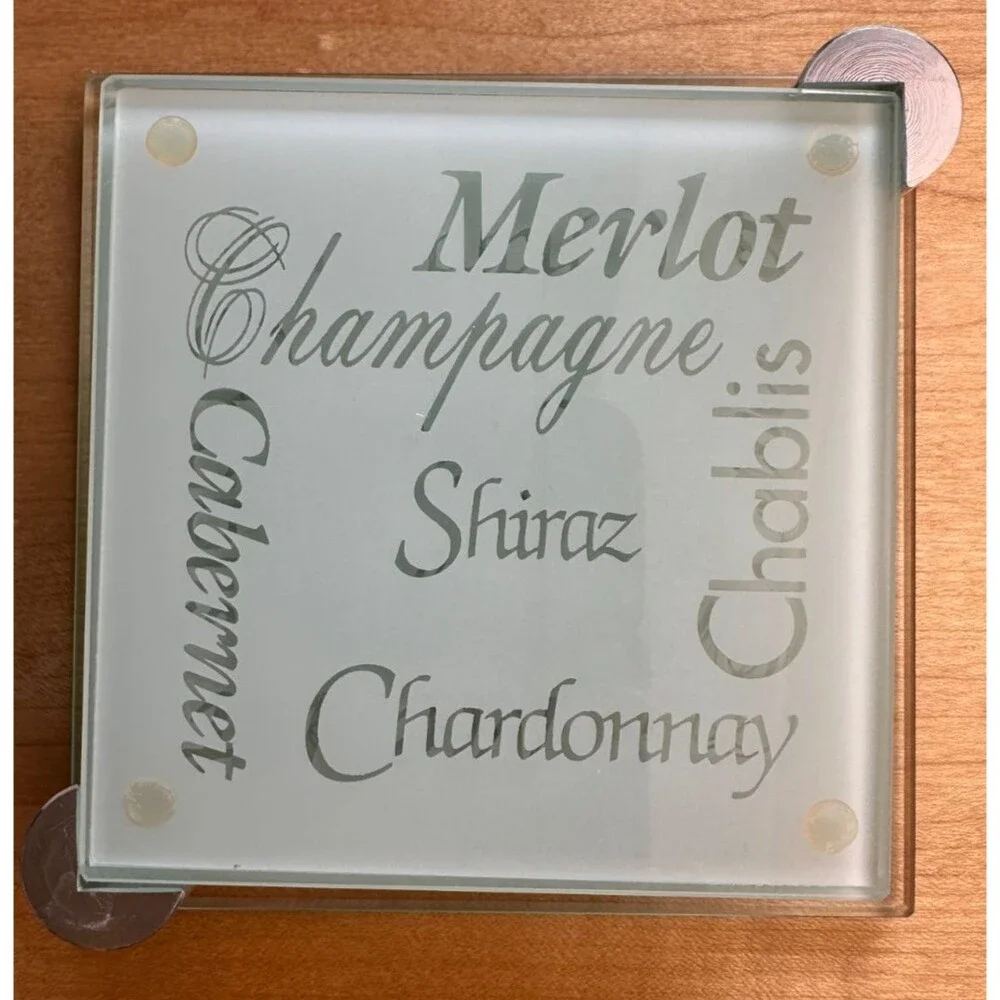 Frosted Glass Wine Coaster Set 6 w/ Metal Caddy Merlot Chardonnay Barwar